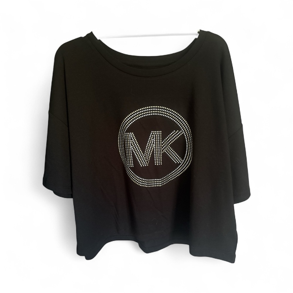 Michael Kors Black Tee with Silver Studded Logo - crop top